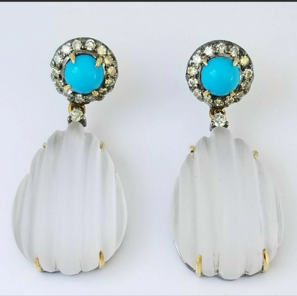 Earrings 14k Gold Diamond Turquoise Rock Crystal Quartz Drop- Estate Jewelry 7g - Picture 3 of 12